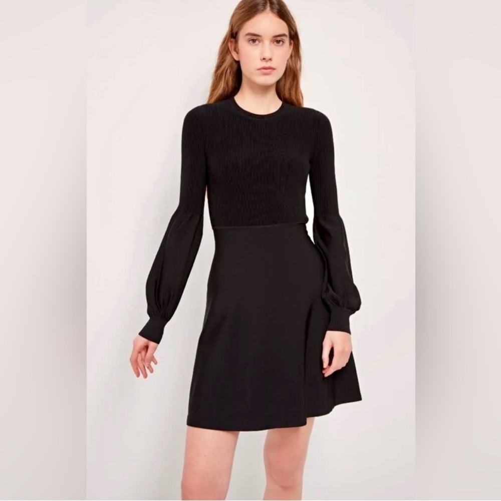 Theory Blouson Sleeve Glossed Dress XS – Black Ribbed Knit Long Sleeve
